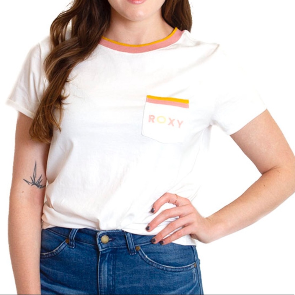 NWT Roxy White Broken Lines Ringer Tee